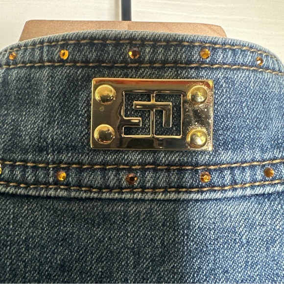 Vintage St John Sport Small Denim Rhinestones Bead Gold Monogram Buttons Jacket - Picture 12 of 16